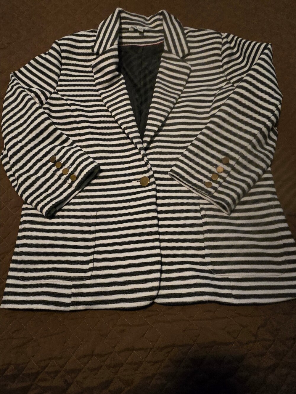 Reitmans black and white striped blazers featuring gold buttons